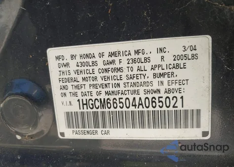 2004 Honda Accord 3.0 Ex z USA, uszkodzony, nr VIN 1HGCM66504A065021